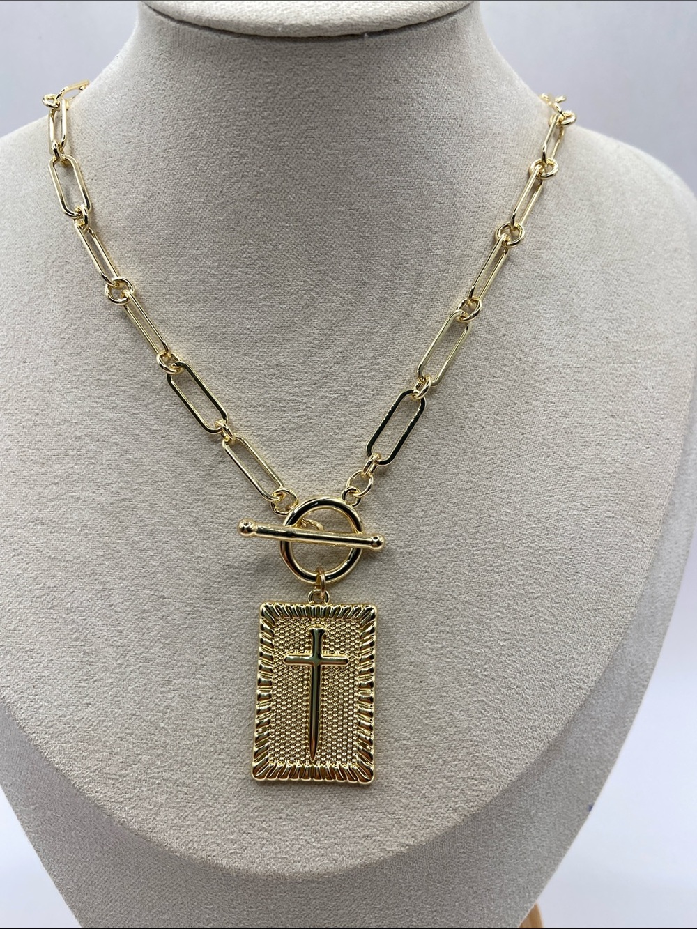 14K Gold Plated Bronze Toggle Cross Necklace Paperclip Chain 17”L W/2”L Extender